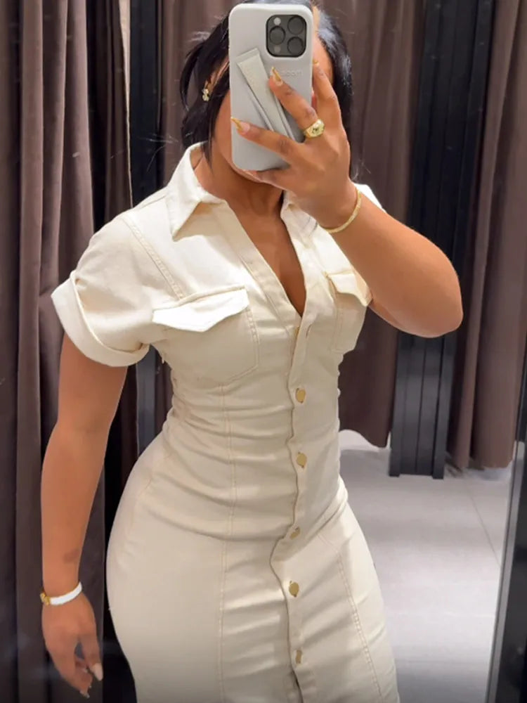 Women's White Denim Shirt Dress – Short Sleeve, Slim Fit, Maxi Length