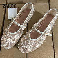 Elegant Round Toe Buckle Strap Mesh Flats – ZAROY Designer Women’s Footwear
