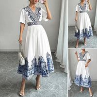Elegant White Summer Midi Dress – Blue Embroidery & A-Line Fit by Rafiah