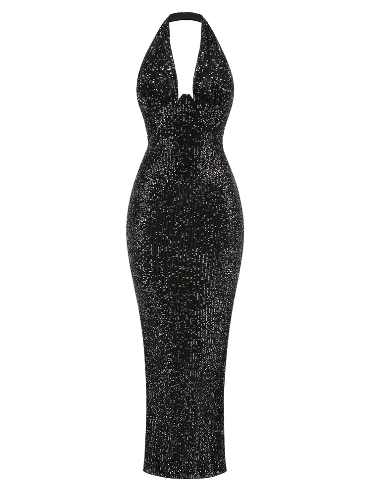 Glamour Green Sequin Halter Maxi Dress – Deep V Celebrity Gown