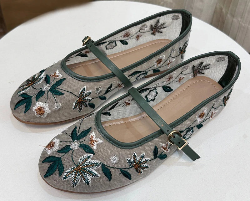 Elegant Round Toe Buckle Strap Mesh Flats – ZAROY Designer Women’s Footwear