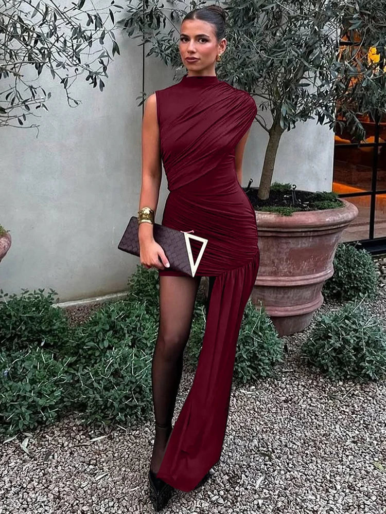 High Waist Ruched Mini Dress – Turtleneck Sleeveless Party Look