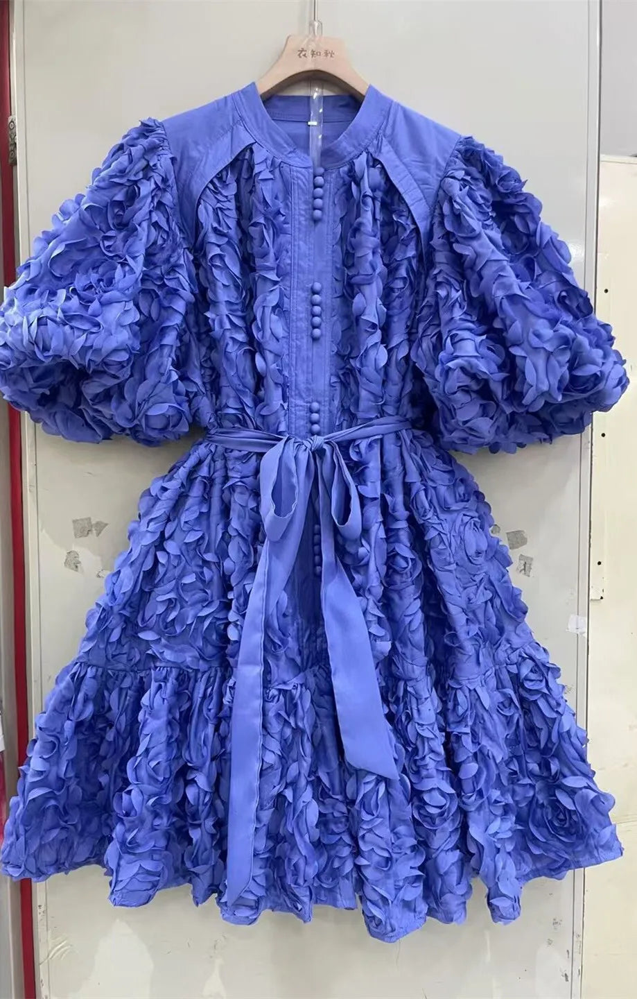Blooming Grace – 3D Floral Bubble Sleeve Evening Dress