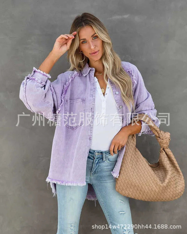 Women’s Vintage Frayed Edge Mid-Length Jean Coat – Colorful Patch Jacket