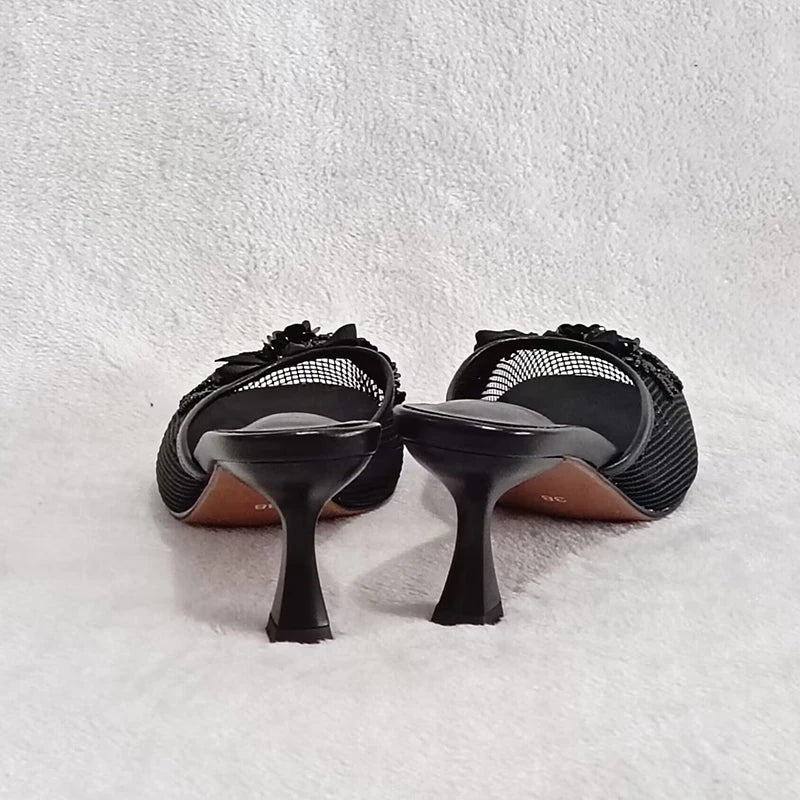 Sexy Thin Heel Flower Mesh Sandals – Summer Statement Slides for Women