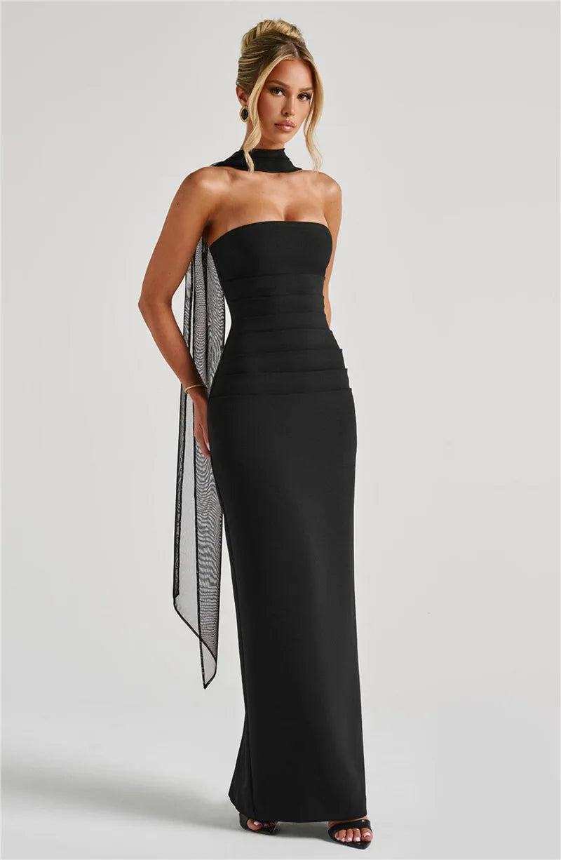 Sexy Strapless Scarf-Neck Maxi Dress for Women – Night Out Essential