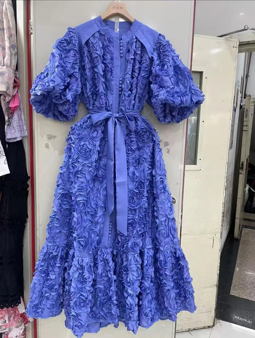 Blooming Grace – 3D Floral Bubble Sleeve Evening Dress