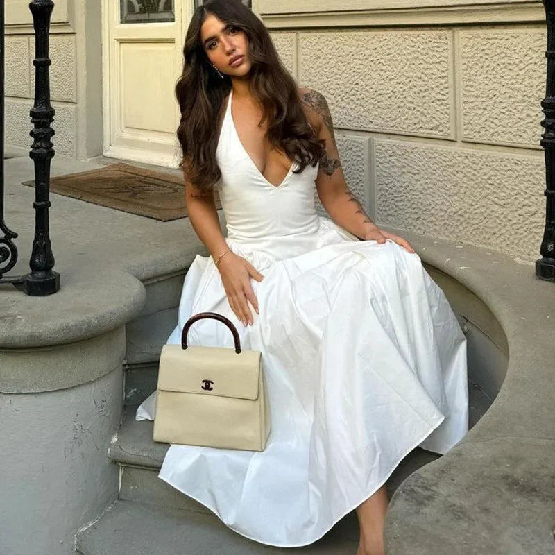 Talenza Summer Sleeveless Halter Dress – Elegant White Evening Gown
