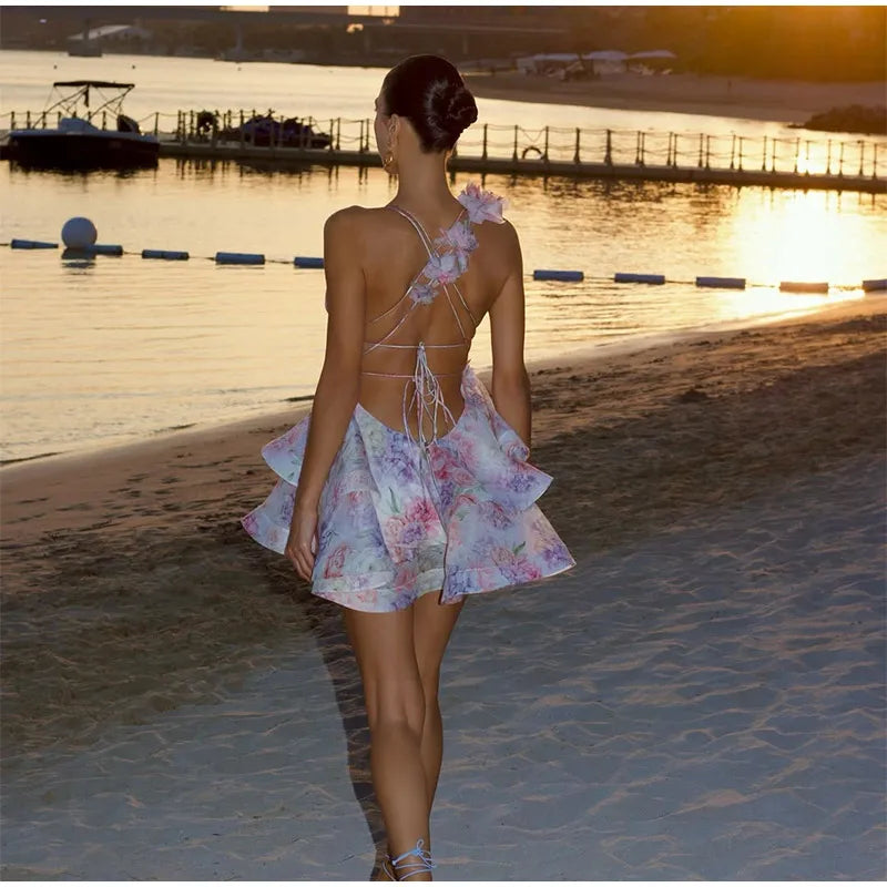 Elegant V-Neck Pleated Dress – High Waist Printed Evening Gown