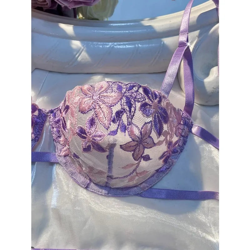 Seductive Purple Embroidered Lingerie – 3-Piece Lace Bra, Panty & Garter Belt Costume for Women