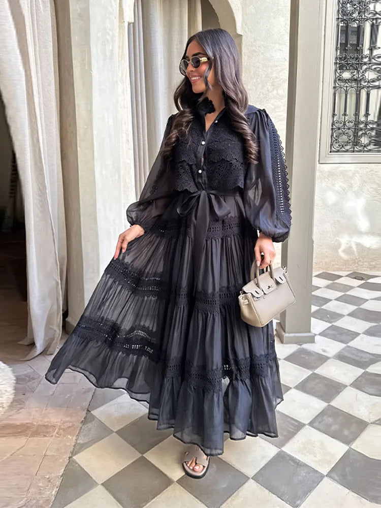 Elegant Hollow Out Floral Maxi Dress with Lantern Sleeves