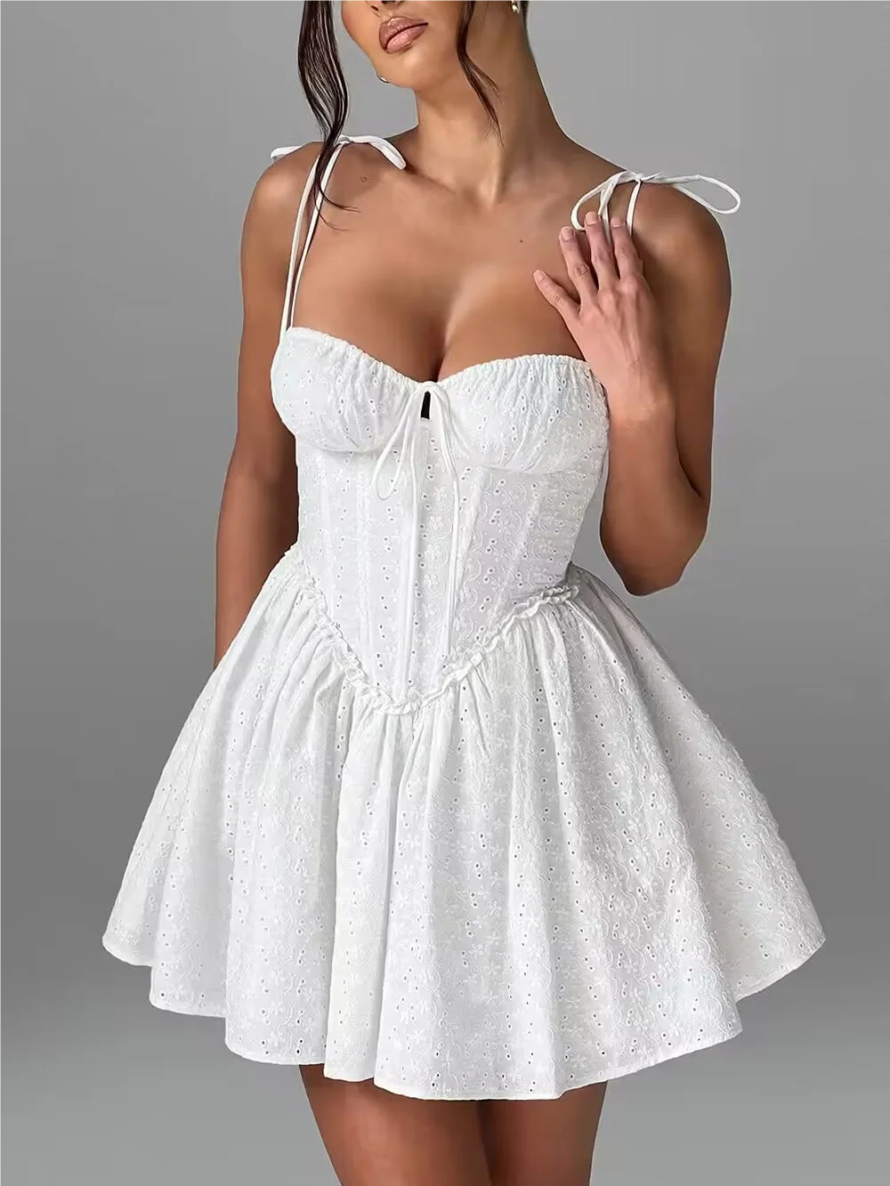 Women's 2025 Sexy Lace Up Mini Dress – White Embroidered Bodycon with Fish Bone Support