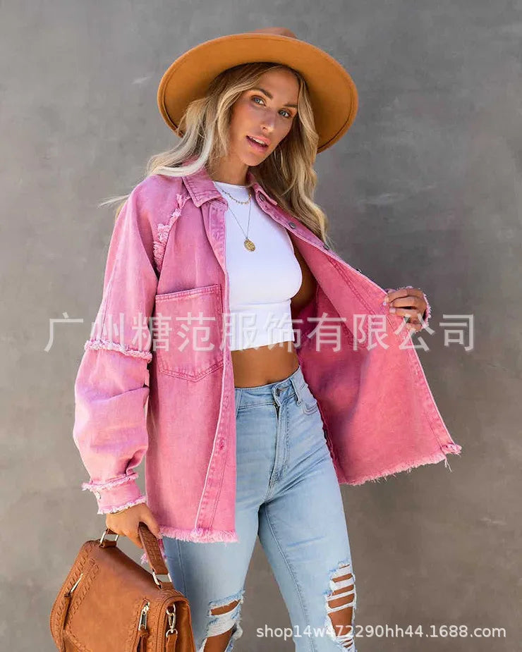 Women’s Vintage Frayed Edge Mid-Length Jean Coat – Colorful Patch Jacket