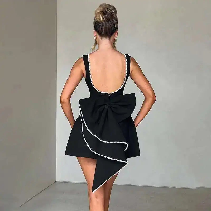 Sexy Backless Pearl Bow Dress – Townlike Women’s A-Line Mini Dress
