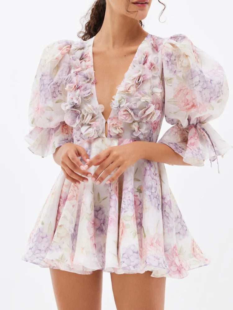 Elegant V-Neck Pleated Dress – High Waist Printed Evening Gown