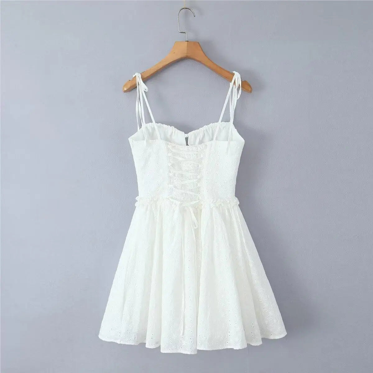 Women's 2025 Sexy Lace Up Mini Dress – White Embroidered Bodycon with Fish Bone Support