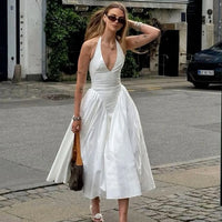 Talenza Summer Sleeveless Halter Dress – Elegant White Evening Gown
