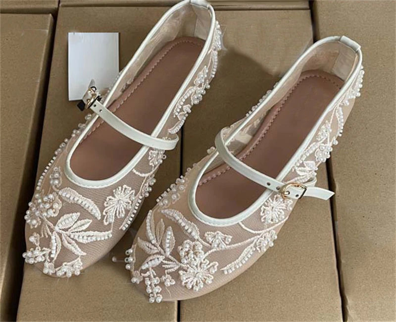 Elegant Round Toe Buckle Strap Mesh Flats – ZAROY Designer Women’s Footwear