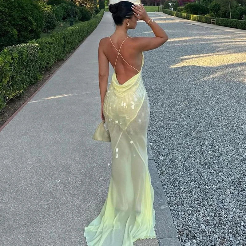 Luxury Sleeveless Suspender Dress – Shimmer Evening Gown for Women