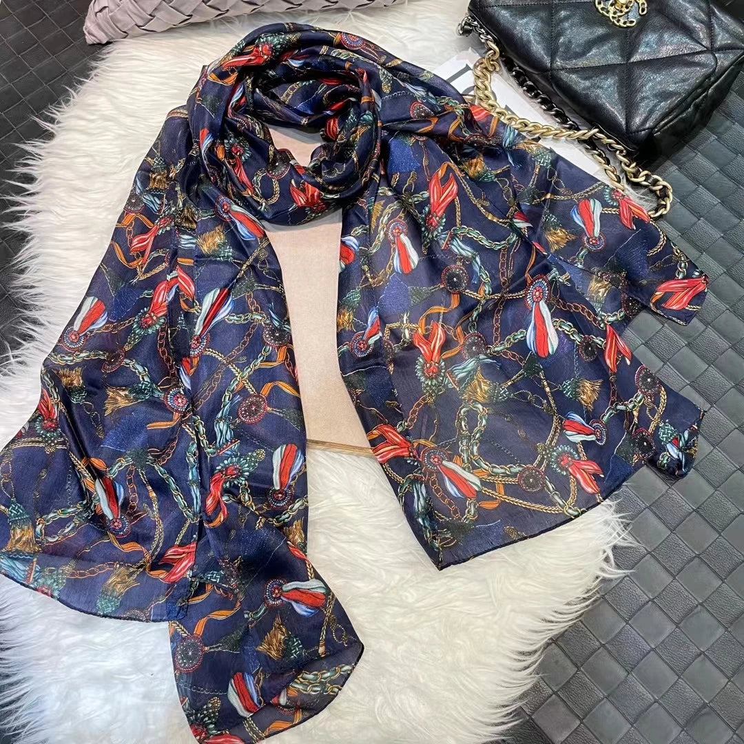 Elegant Blue Graffiti Silk Shawl – Neck & Head Scarf for All Seasons