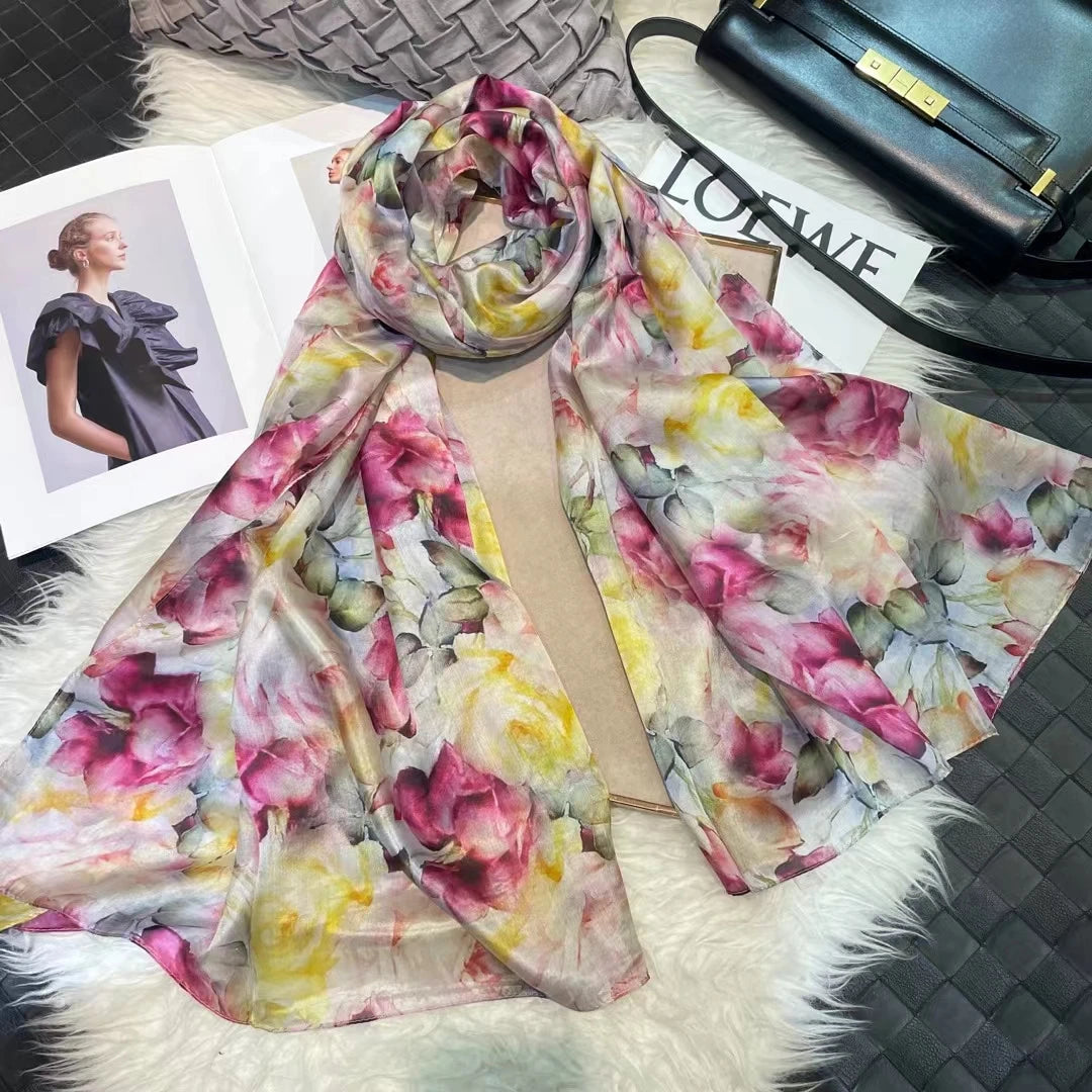 Elegant Blue Graffiti Silk Shawl – Neck & Head Scarf for All Seasons