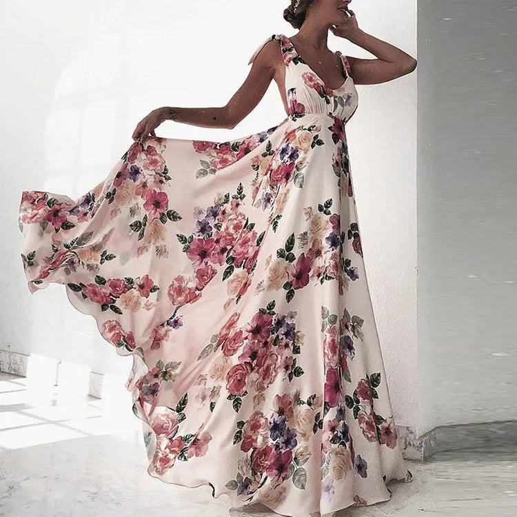 Backless Printed Maxi Dress – High Waist Swing Camisole Dress for Women