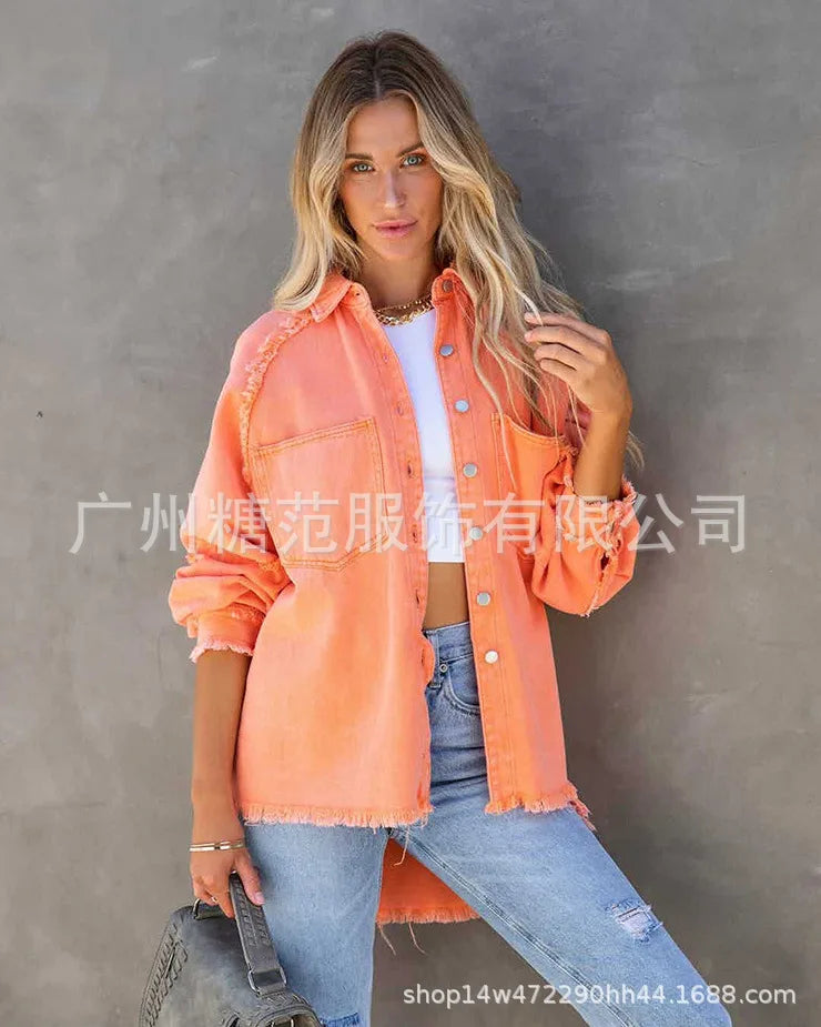 Women’s Vintage Frayed Edge Mid-Length Jean Coat – Colorful Patch Jacket