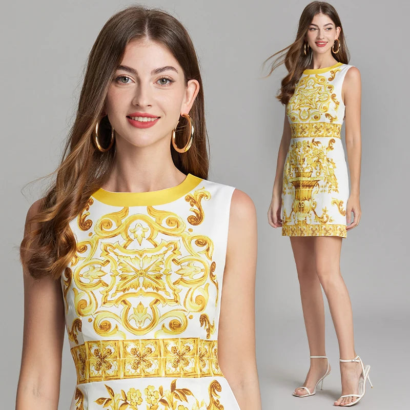 Runway-Inspired Blue & White Floral Sleeveless Holiday Mini Dress