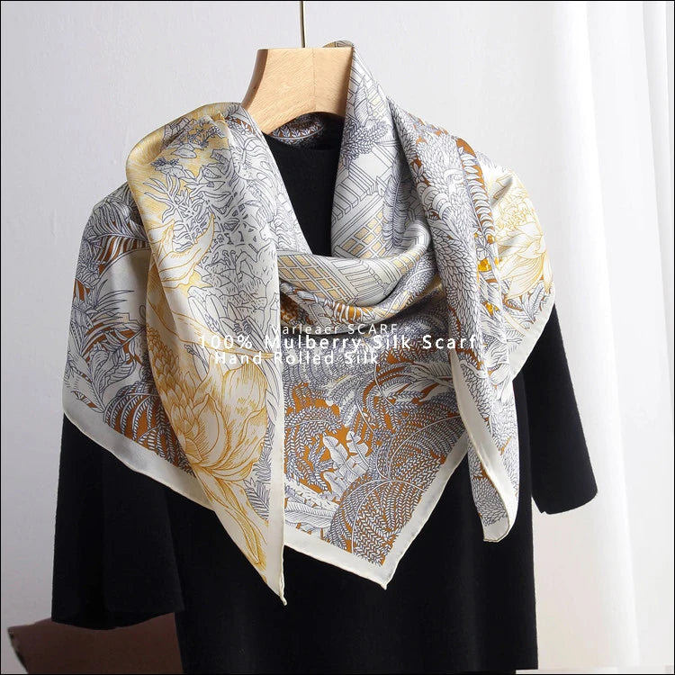 Luxury 110CM Silk Scarf for Women – Tropical Faubourg Print Head & Neck Shawl