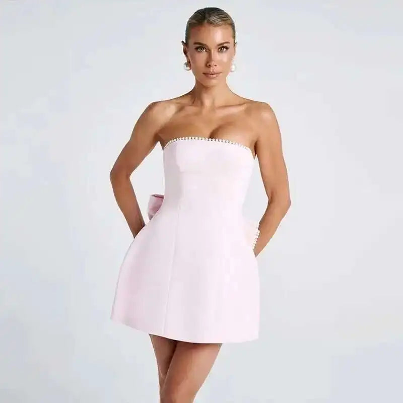 Sexy Backless Pearl Bow Dress – Townlike Women’s A-Line Mini Dress