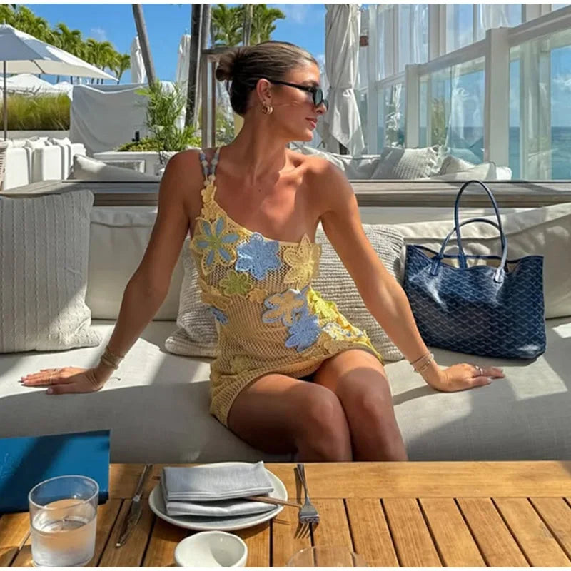 Vibrant Floral Knit Mini Dress – Sexy Hollow Out Beach Outfit