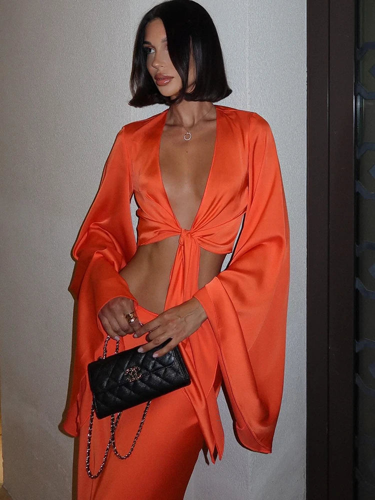 Women's Fashion Solid Color 2PC Set – V-Neck Crop Top + Long Skirt