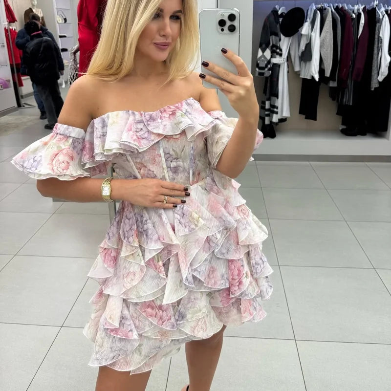 Elegant V-Neck Pleated Dress – High Waist Printed Evening Gown