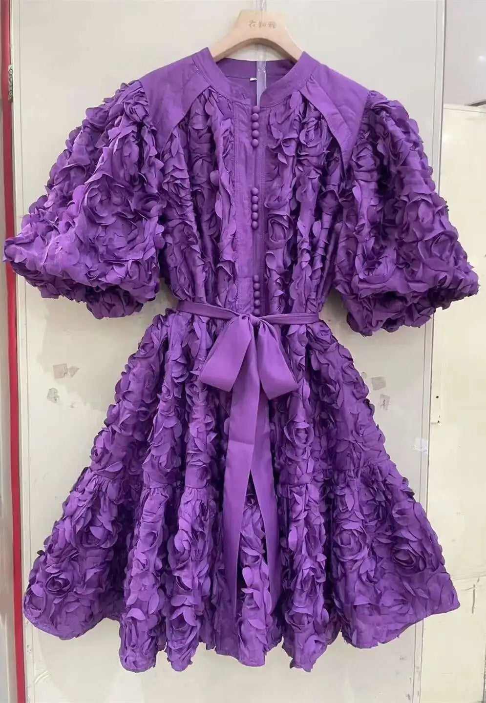 Blooming Grace – 3D Floral Bubble Sleeve Evening Dress