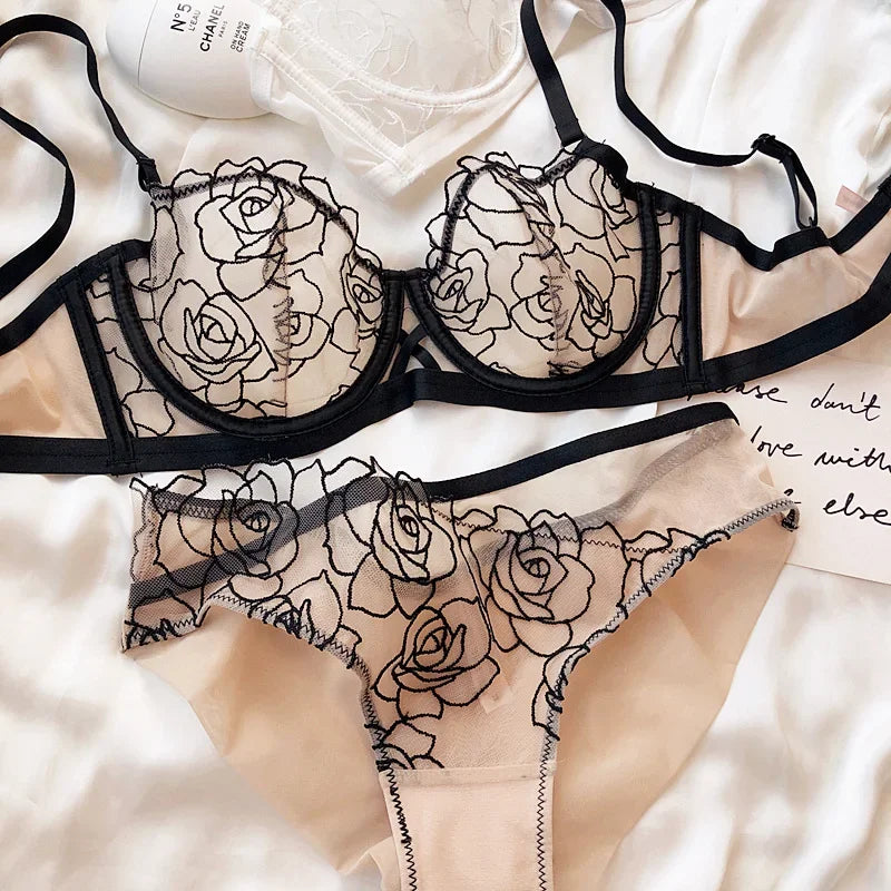 Rose Embroidery Plus Size Lingerie – Anti-Sagging Soft Steel Ring Bra Set for Women
