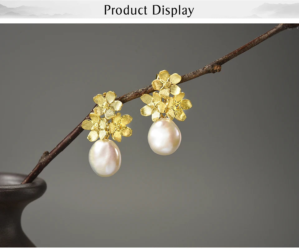 Lotus Fun Forget-Me-Not Flower Pearl Earrings – 925 Sterling Silver Elegance