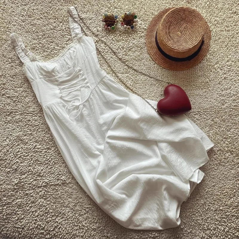Boho-Inspired White Corset Midi Dress – Lace-Up Elegance for Summer Days