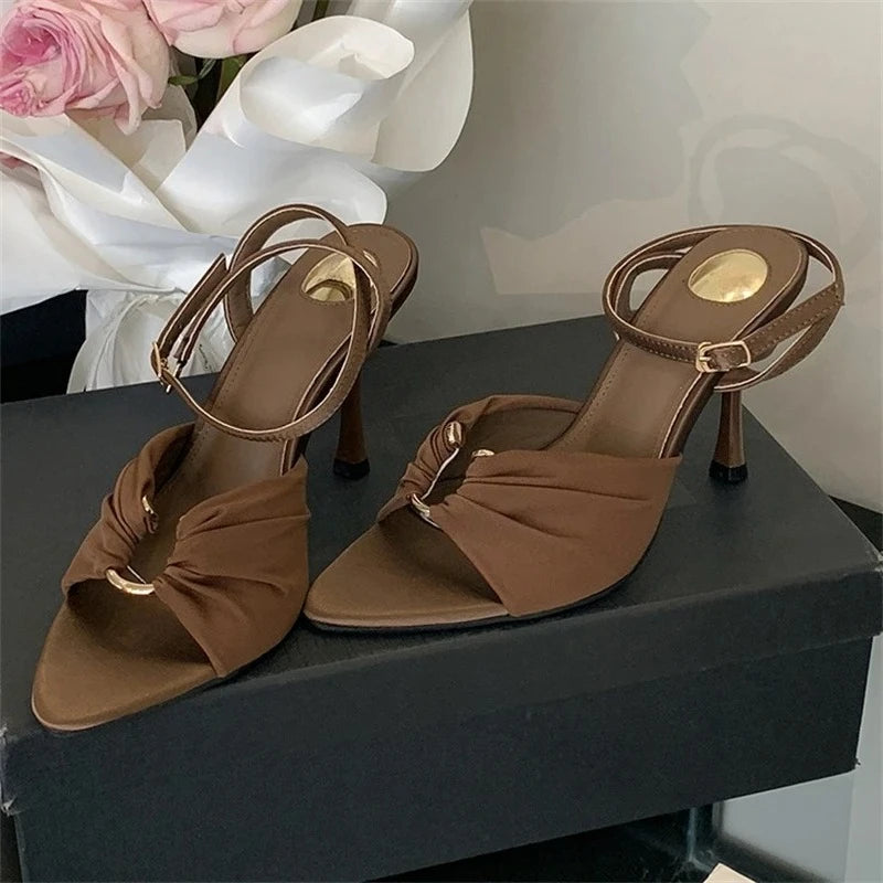 Aneikeh Elegant Pointed Toe High Heel Mules – Pleated Design Sandals