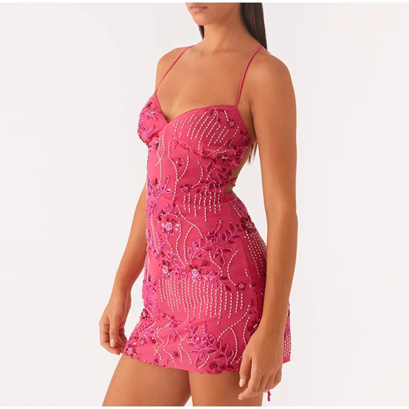 Sparkling Floral Embroidery Party Dress – Sexy Backless Mini Gown for Women