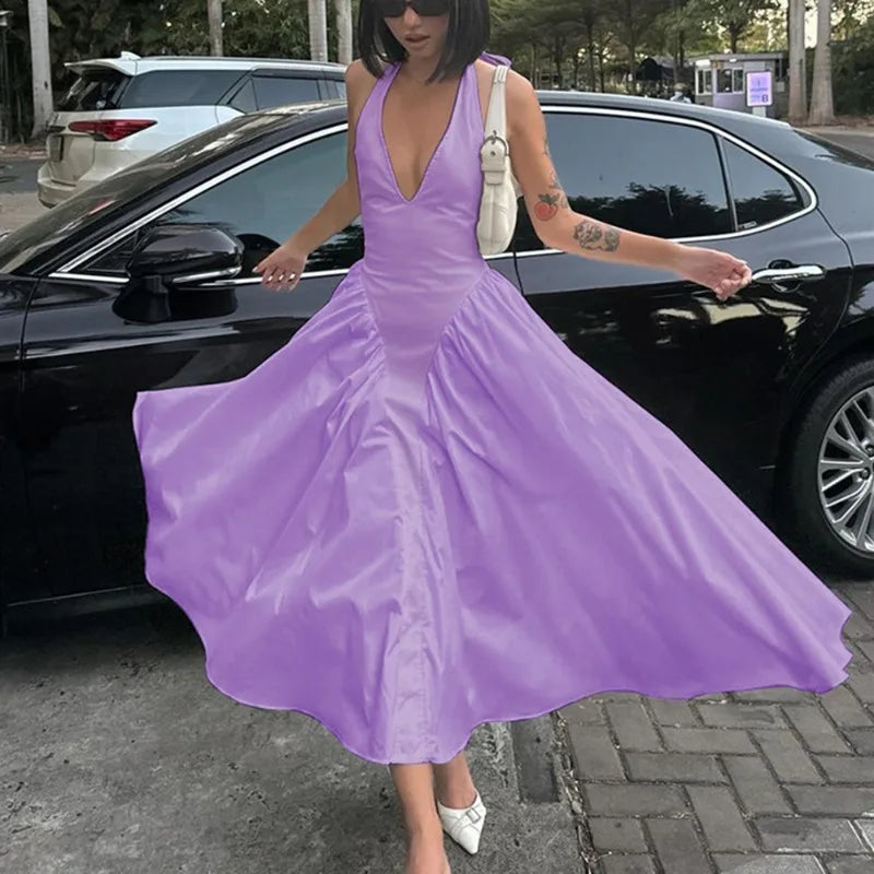 Talenza Summer Sleeveless Halter Dress – Elegant White Evening Gown