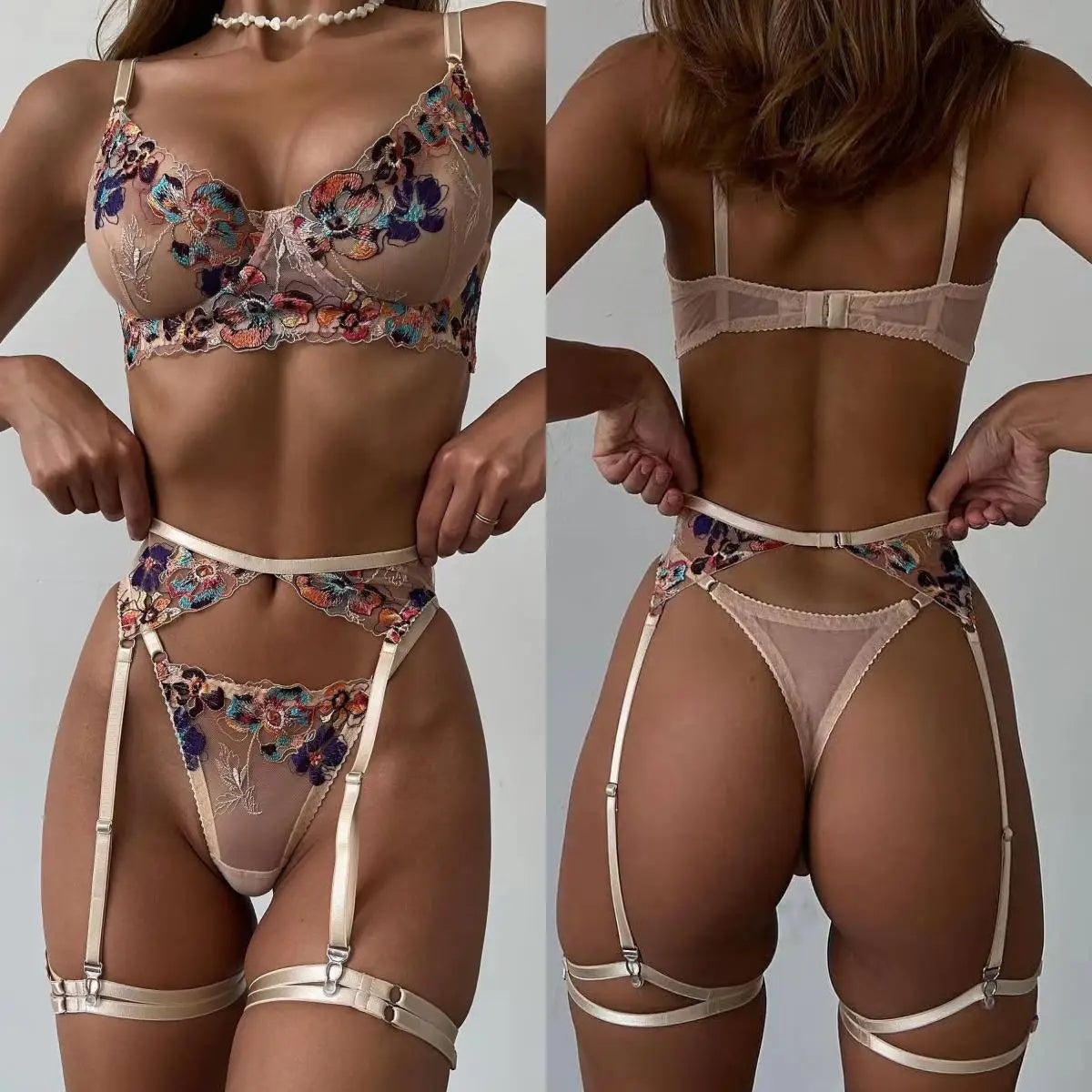 Women’s Luxury Embroidery Lingerie Set – 4Pcs Erotic See-Through Garter Intimate Kit