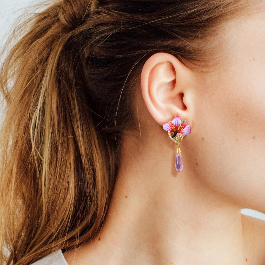 Romantic Floral Drop Earrings – Pink Crystal & White CZ by SANTUZZA