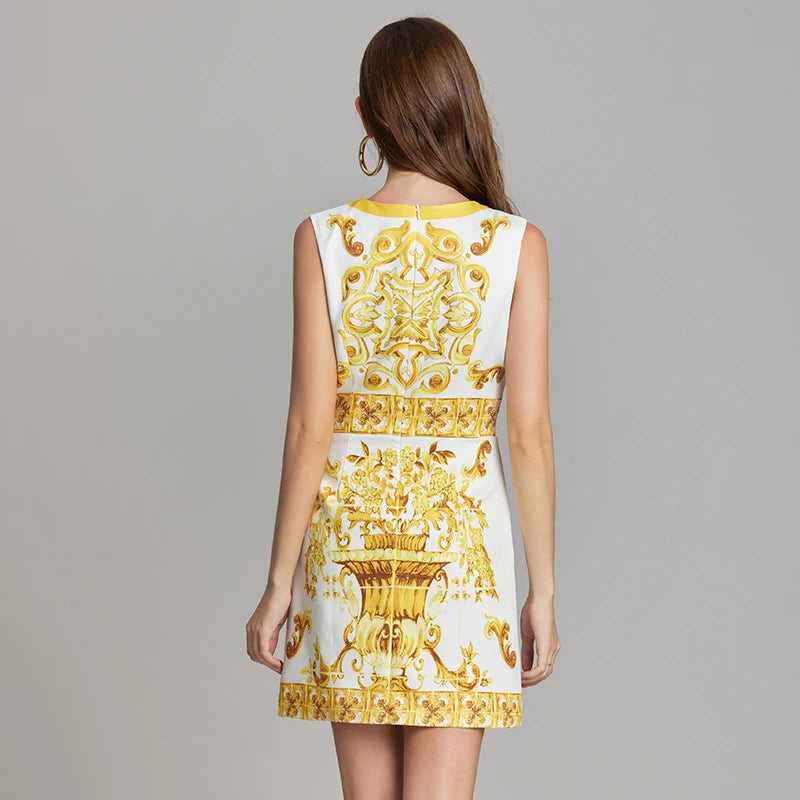 Runway-Inspired Blue & White Floral Sleeveless Holiday Mini Dress