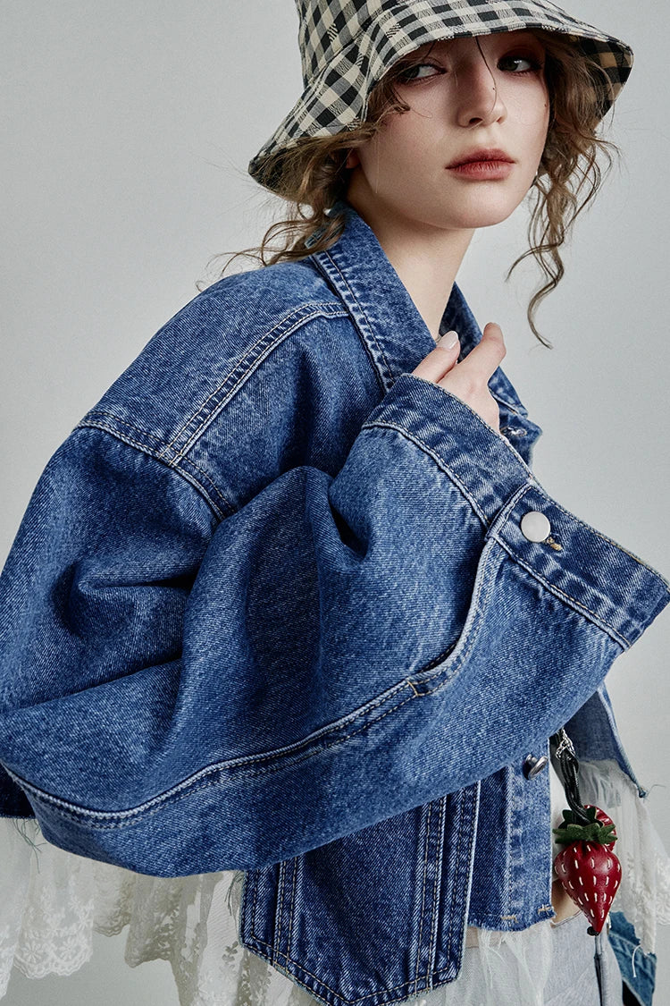 Women’s Vintage Y2K Lace Stitch Short Denim Jacket – ELFSACK Spring Edit