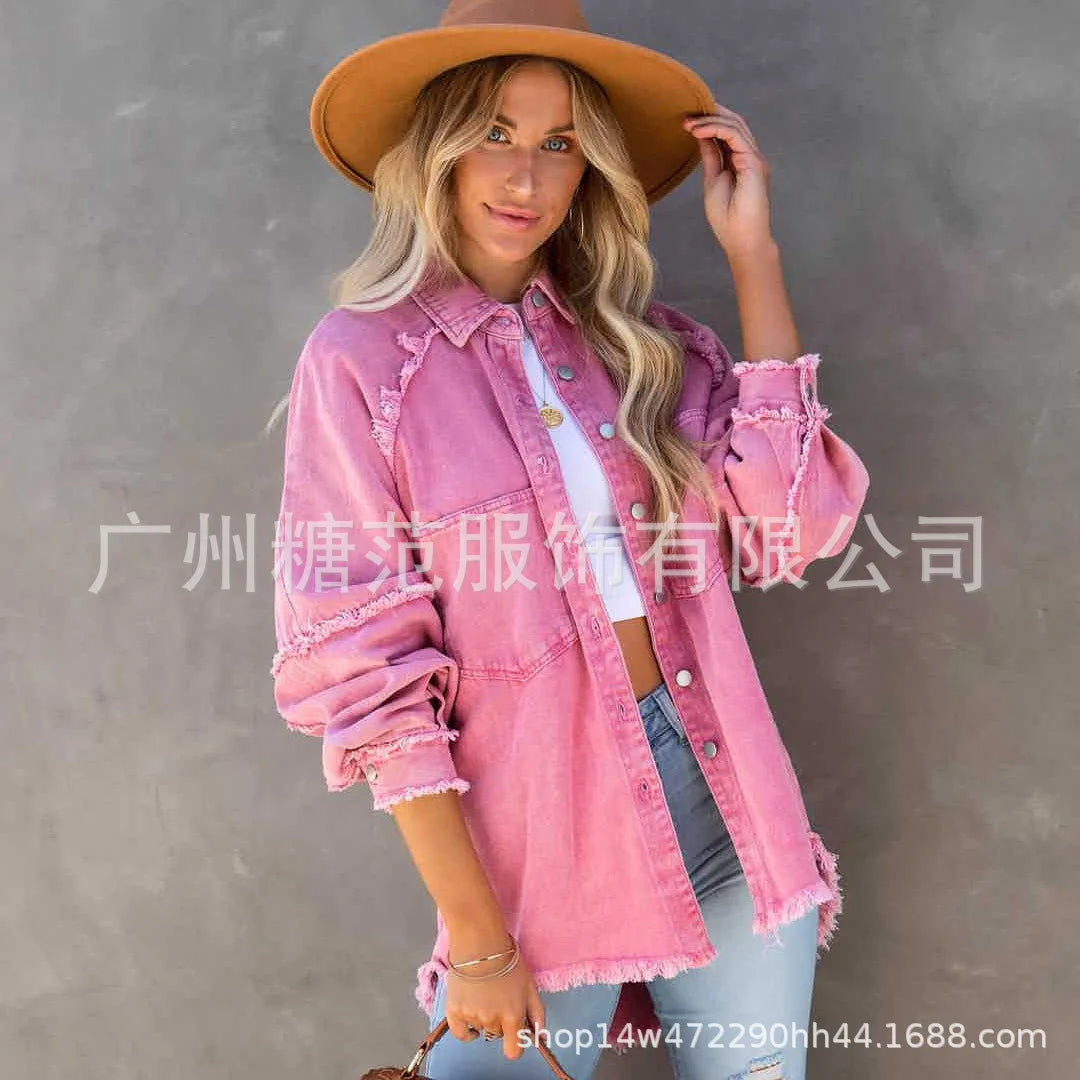 Women’s Vintage Frayed Edge Mid-Length Jean Coat – Colorful Patch Jacket