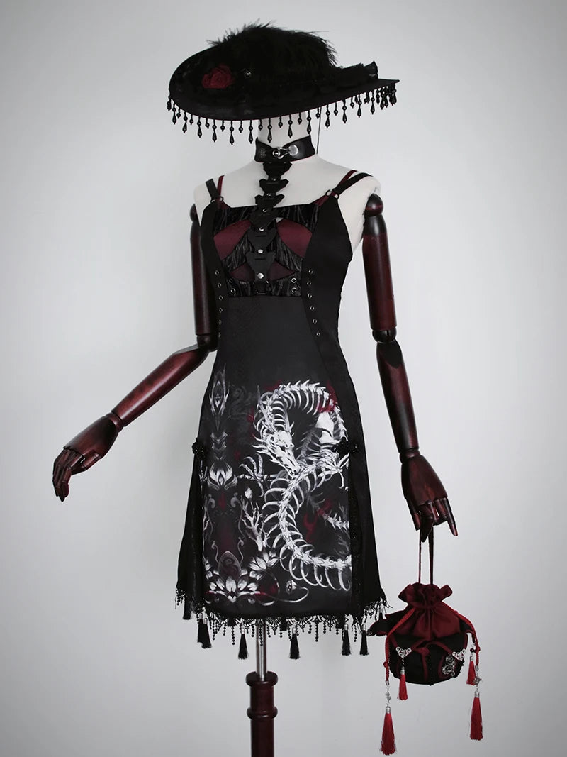 Original Alice Girl Dragon Print Dress – Light Lolita Gothic Punk Slip Dress