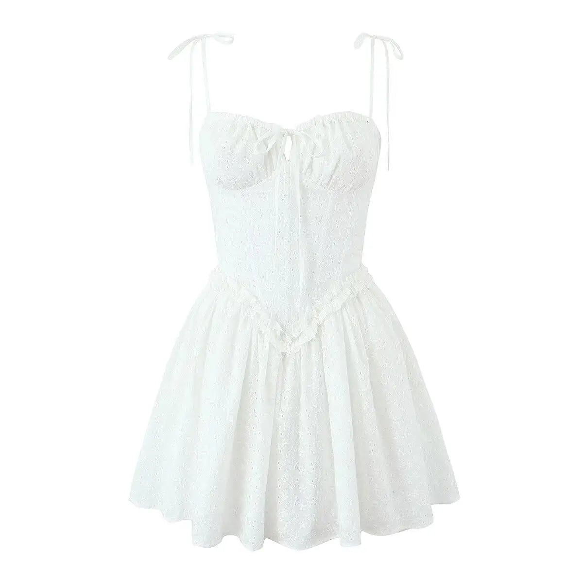 Women's 2025 Sexy Lace Up Mini Dress – White Embroidered Bodycon with Fish Bone Support