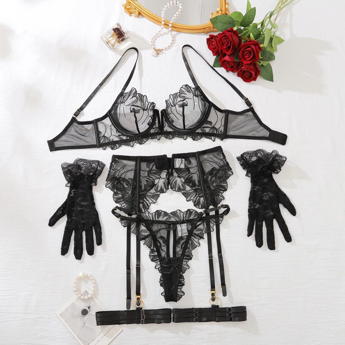 Sexy MUZISKAT Lace Lingerie Set – Bra, Thong & Garters 4-Piece Exotic Kit