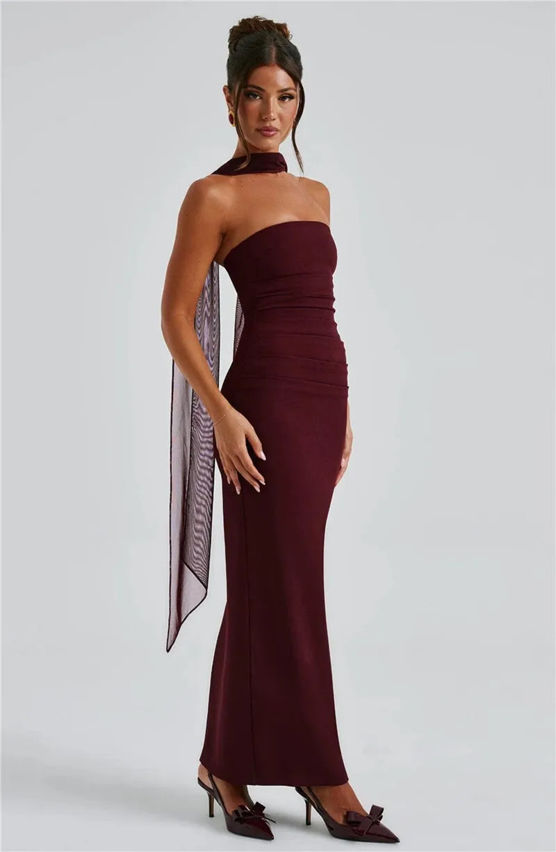 Sexy Strapless Scarf-Neck Maxi Dress for Women – Night Out Essential