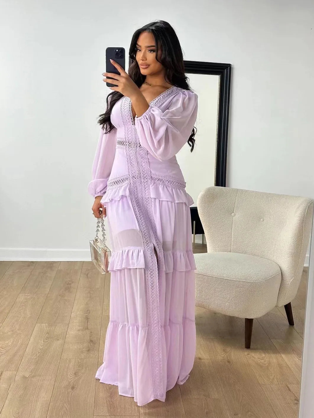 Elegant Ruffle Hollow-Out Maxi Dress – Summer Party Chic